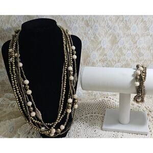 Vintage Multi-strand Antique Brass Colored Beaded Necklace and Bracelet Set